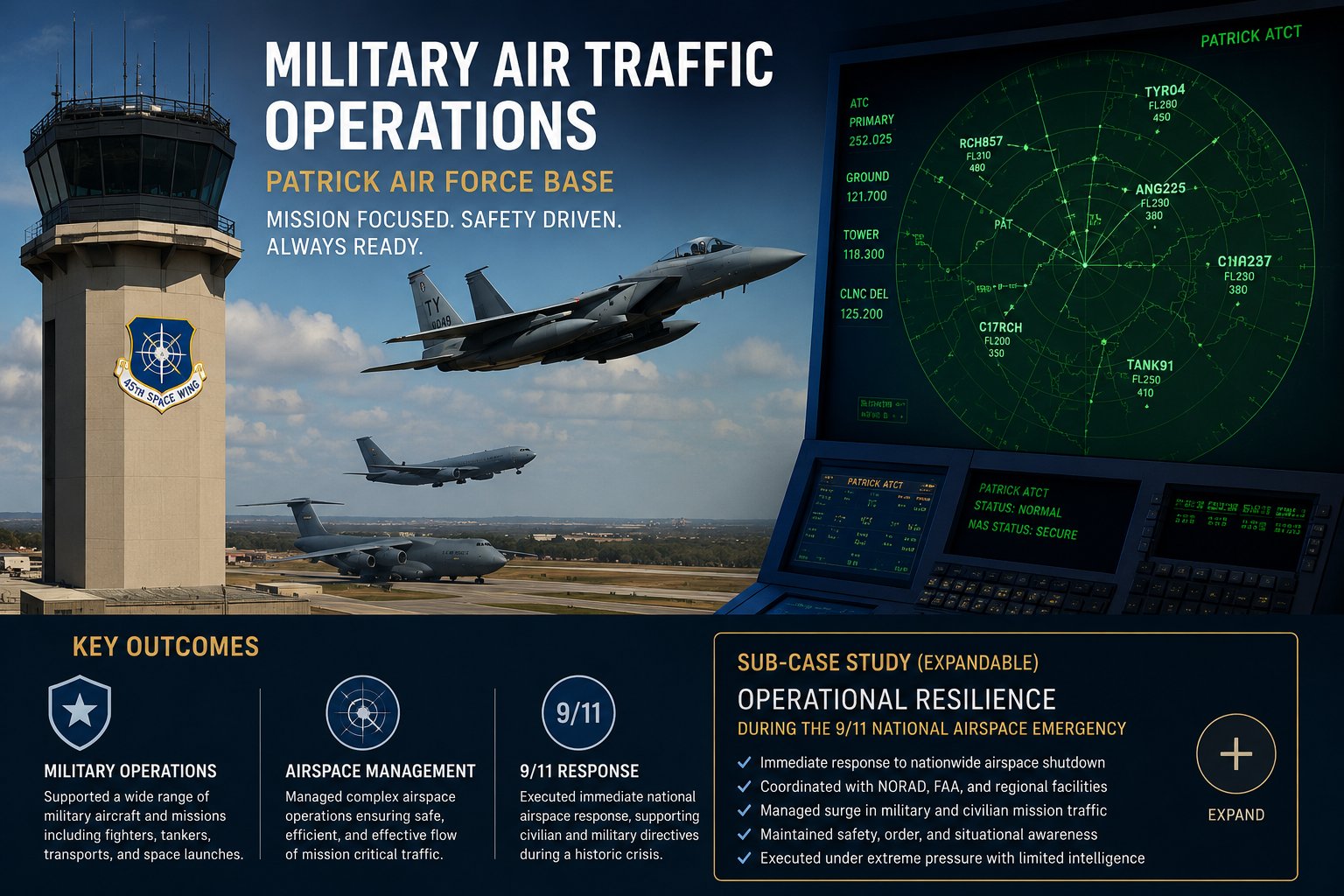 Case Study 1 infographic: Patrick AFB military air traffic operations, radar scope, and 9/11 operational resilience sub-case study
