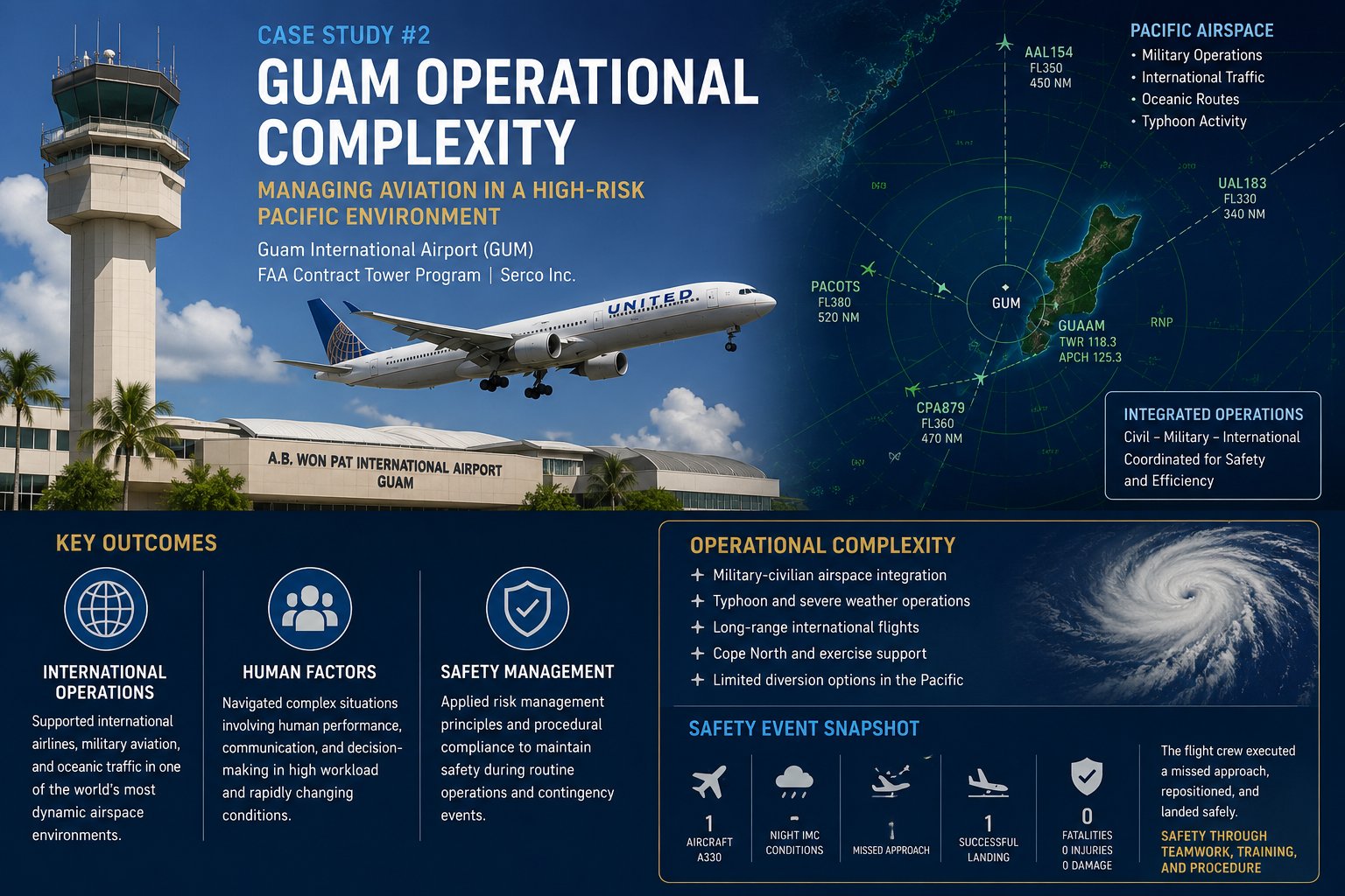Case Study 2 infographic: Guam International Airport operational complexity, Pacific airspace, integrated civil-military-international operations