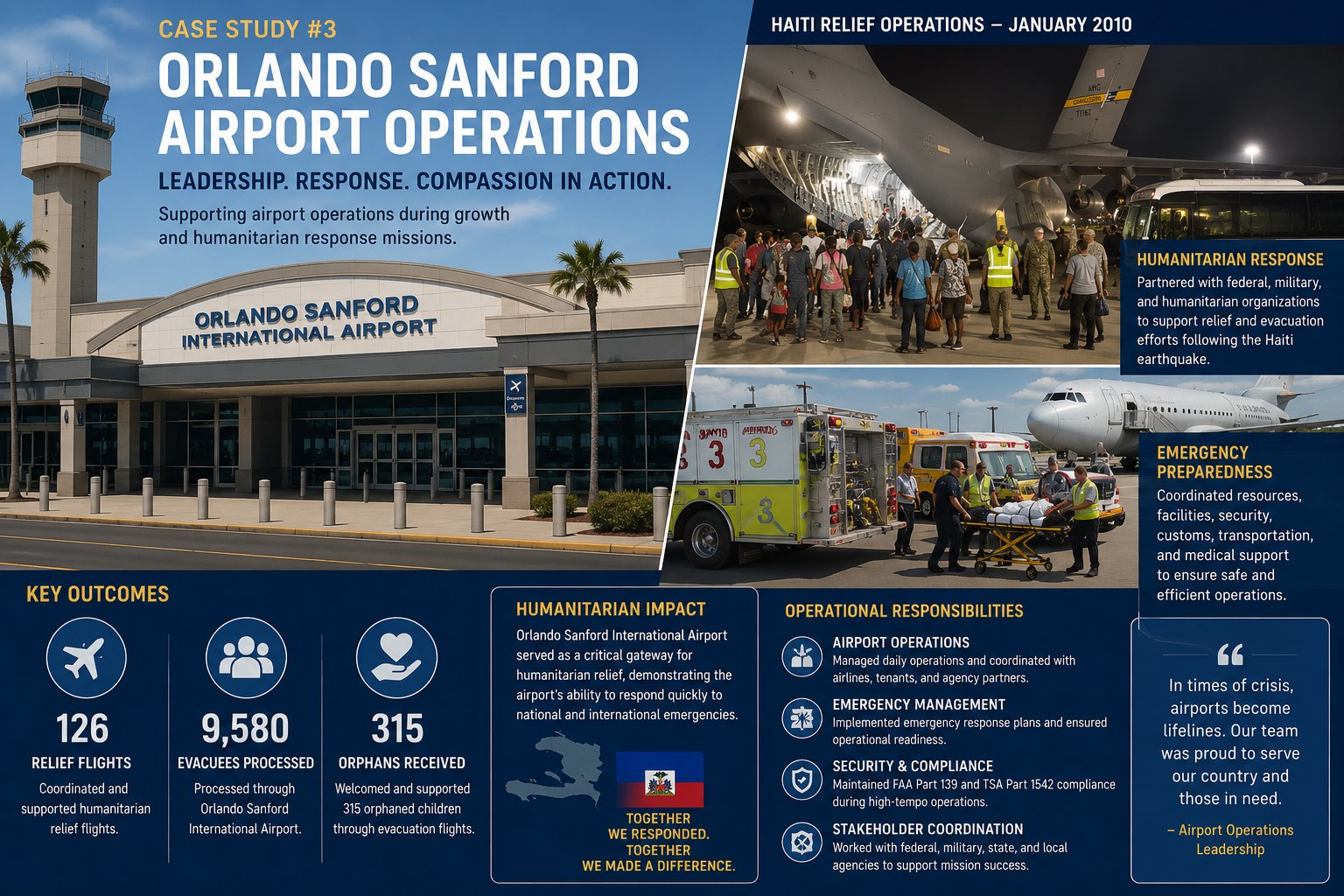 Case Study 3 infographic: Orlando Sanford International Airport operations, Haiti relief operations January 2010, emergency response